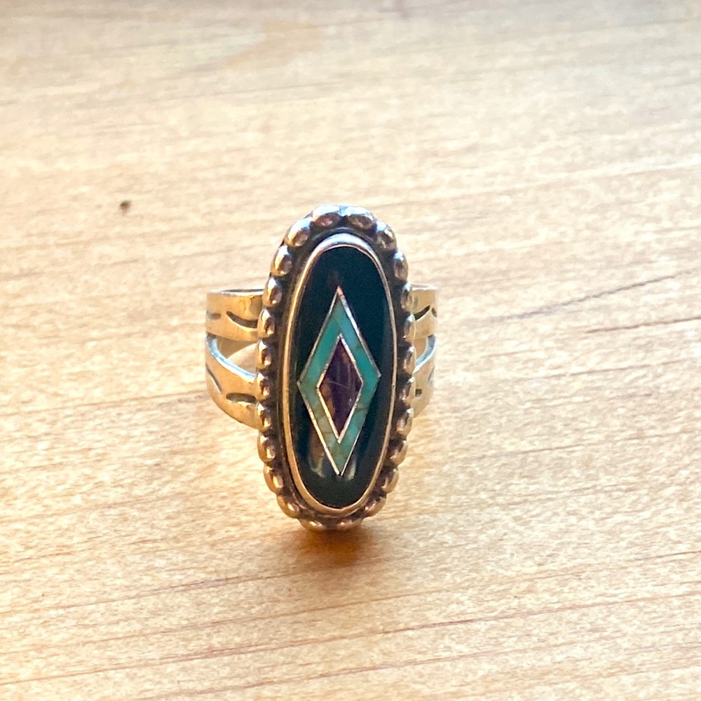 Black onyx with turquoise inlay ring🌺
